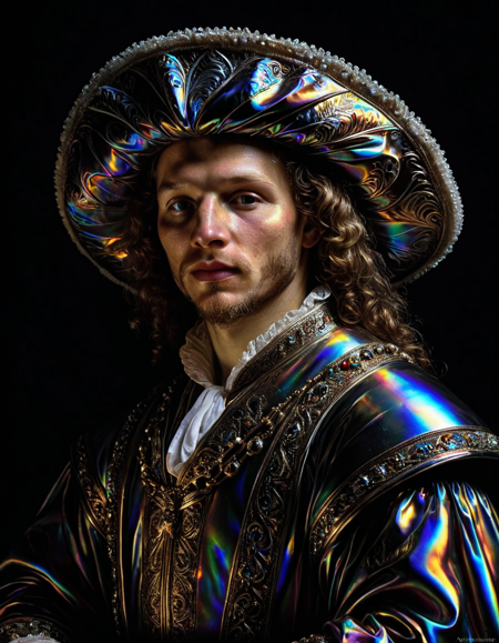art by Rembrandt van Rijn, romanticism art, Hyperdetailed ral-hlgrphc, at Nighttime, Chiaroscuro, realism, emotive portraiture, dramatic lighting, photo, <lora:ral-hlgrphc-sdxl:0.9>, intricate detail, glossy, inspired, exquisite color, lush, perfect composition
