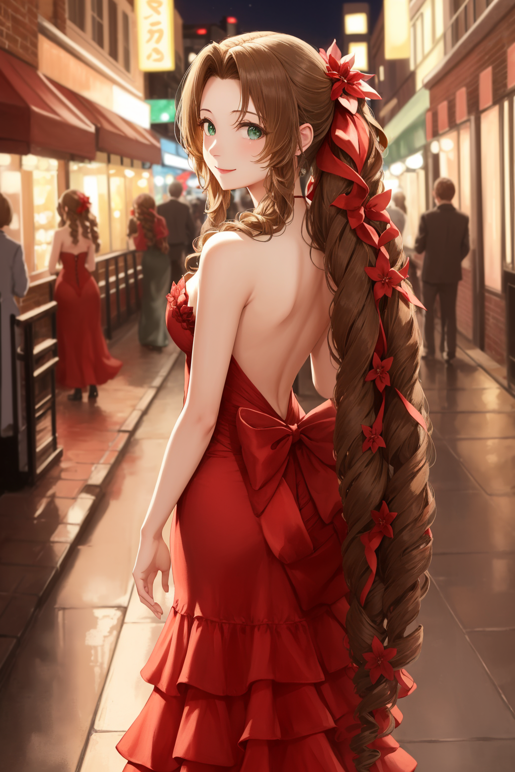 masterpiece, best quality, aerith gainsborough, very long hair, hair ribbons, hair flowers, strapless red dress, looking a...