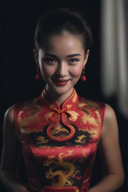 cheongsam with a motif Dragon flying in the sky, lunarNewYear2024quiron, dragon, paper lantern beautiful woman, dark, dim , lowkey , film grain , Kodak Portra 800, cute , smile , lingerie dark, night close up. black room , black curtain , wash color , expired film dark image, shadow, ,shadows, contrast, dark , HyperSmoke, dark background, black background,  backlit, dark theme, detailed face , shadow, close up face, bokeh