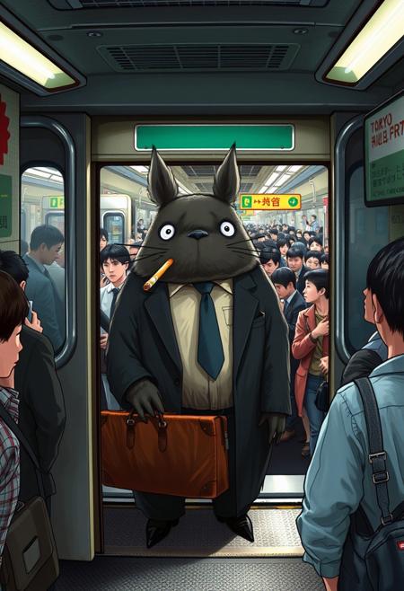"From the bustling platform of a Tokyo Metro station, a weary Totoro is visible through the open doors of an overcrowded train, facing outward. His fur is slightly matted and sagging from exhaustion, an unlit cigarette dangling loosely from his mouth, its tip faintly stained from being chewed. He wears a disheveled Japanese salaryman suit—dark blue fabric wrinkled, white shirt untucked and crumpled, tie hanging crooked with a missing jacket button. His large, clawed paws clutch a scuffed leather briefcase, worn from years of use. Inside the train, passengers are jammed together—salarymen in stiff suits, students in crisp uniforms, and office workers gripping straps or phones—pressed shoulder-to-shoulder under harsh fluorescent lights. The air hums with muffled chatter and the distant screech of rails. Outside, a chaotic crowd of commuters surges toward the open doors, elbows jostling and briefcases swinging as they try to squeeze into the already packed carriage. A few platform onlookers—a young woman with wide eyes, an elderly man with a furrowed brow, and a child pointing excitedly—stare at Totoro in surprise, their faces caught in the station’s dim glow. Beyond the train, the station’s tiled walls are plastered with colorful ads, and a digital clock overhead ticks forward, while the distant rumble of another train echoes through the underground.