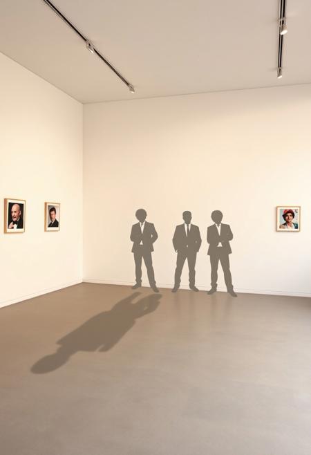 A minimalist gallery room where only the shadows of famous pop icons remain
surreal minimalism, pop art influence, conceptual layering, muted tones with bursts of color, poetic symbolism, socio-political undertones, collage aesthetics, visual irony, negative space, mixed media illusion, introspective yet satirical, fragmented realism