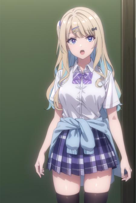 lunashirakawa, <lora:lunashirakawa-lora-nochekaiser:0.8>,
luna shirakawa, long hair, blue eyes, blonde hair, hair ornament, bow, multicolored hair, hairclip, <lora:talkmouth_O_v100:1>, open mouth, smile,
BREAK skirt, shirt, thighhighs, bow, school uniform, white shirt, pleated skirt, shoes, black thighhighs, bowtie, blue skirt, plaid, plaid skirt, loafers, purple bow, clothes around waist, gyaru, purple bowtie,
BREAK looking at viewer,
BREAK indoors, classroom, (cowboy shot:1.5),
BREAK <lyco:GoodHands-beta2:1>, (masterpiece:1.2), best quality, high resolution, unity 8k wallpaper, (illustration:0.8), (beautiful detailed eyes:1.6), extremely detailed face, perfect lighting, extremely detailed CG, (perfect hands, perfect anatomy),