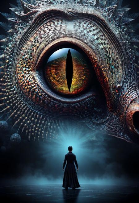 a striking and surreal scene that combines elements of both the natural world and fantasy. Dominating the composition is a massive, reptilian eye, filling almost the entire frame. The eye is highly detailed, with a slit-like pupil that suggests it belongs to a large, powerful creature, perhaps a dragon or another mythical being. The texture around the eye is rugged and scaly, giving the impression of ancient, weathered skin. In the lower portion of the image, a solitary human figure stands before the eye, dressed in a flowing black robe. The figure is tiny in comparison to the colossal eye, emphasizing the vast difference in scale and power between the two. The person stands on a surface that appears to be water or mist, which reflects the eerie, otherworldly light that surrounds the scene. The atmosphere is misty and dreamlike, adding to the sense of mystery and awe. Overall, the image is both dramatic and thought-provoking, blending cultural elements with a fantastical imagination to create a visually captivating scene. made out of fractangles, PG rating, sfw,