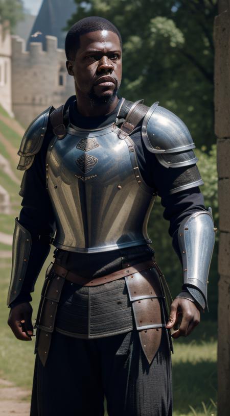 close-up, Man ((kevin hart, knight, near a castle)), looking at viewer, wearing (cuirass, gorget, pauldron, couter, vambrace, gauntlets, cuisses, greaves, sabatons, poleyn, tasses, plackard, rerebrace, breastplace, faulds, scabbard, gardbrace, shoulder armor), HDR
