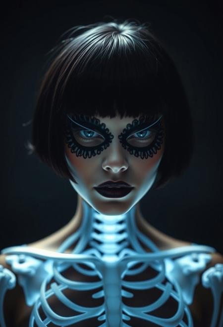 Avant garde, three-quarter view, portrait of an 18-years-old girl, fair skin, dark makeup, dark red lipstick. black bob.
Simmetrical, mask shaped, pattern filigree black paint around her eyes.
Her body is that of a bioluminescent skeleton.
A spotlight illuminates her face