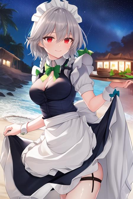 masterpiece, best quality, highres, solo, {night:1.10}, {starry sky:1.10}, beach, beautiful detailed sky, {extremely detailed background:1.20}, {izayoi_sakuya_touhou:1.10}, {standing:1.10}, looking at viewer, {bikini:1.30}, braid, twin_braids, maid_headdress, short_hair, maid, bow, grey_hair, hair_bow, apron, breasts, bangs, blue_eyes, ribbon, waist_apron, knife, hair_between_eyes, green_bow, maid_apron, white_hair, red_eyes, medium_breasts, light smile