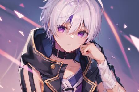 masterpiece, best quality, 1boy, solo, 4k, 8k, vflower, <lora:vflower:1>,streaked hair, purple eyes, white hair, short hair, expressionless, looking at viewer purple hair, jacket, purple jacket