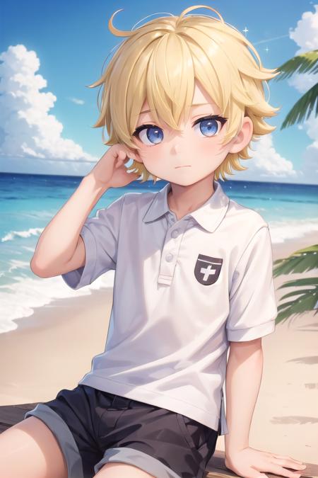 (1boy:1.4), (very short hair), crew cut, (solo:1.4), sfw, (bulge:0.4), male character, ((masterpiece)),
multicolored background, hair between eyes, highlight in eyes, (blonde hair:1.4)
(polo shirt :1.4), short pants, colorful eyes,  male character
multiple details, sky, sea, beach , outside, short hair, handsome,  beautiful eyes (vocaloid), delicate features, high light in eyes, (narrow chin:1.5), triangle chin, (introvert:1.6)
petite, young, juvenile, short hair, male face, detailed beautiful little boy, adorable boy, sparkling eyes,
sitting, faint smile, energetic eyes