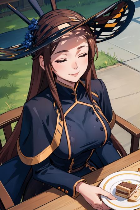 masterpiece, best quality, <lora:fsrdorothea-nvwls-v1-000009:0.9> fsrdorothea, hat, black dress, jacket on shoulders, large breasts, sitting, table, chair, from above, tea, cake, closed eyes, smile, solo