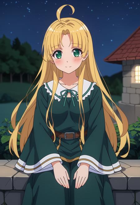 long hair, blonde hair, green eyes, parted bangs, blunt bangs, ahoge AsiaSchool, sweater vest, grey vest, striped shirt, white shirt, neck ribbon, black ribbon, long sleeves, pleated skirt, purple skirt AsiaDress, green dress, neck ribbon, frilled collar, wide sleeves, green skirt, brown belt