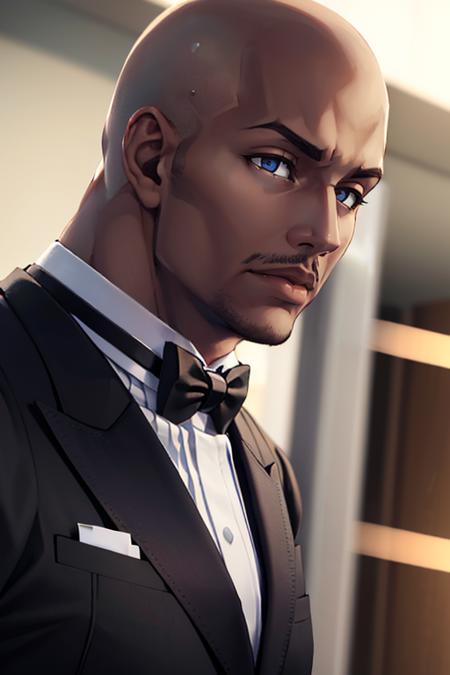 goresmtsj, bald, black suit, bowtie, dark skin, dark-skinned male, facial hair, no pupils