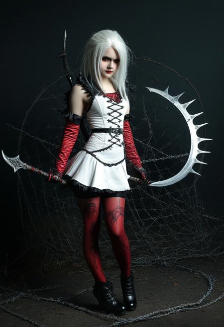 A girl in a white dress with black tights, in a red and silver color scheme, with a dark fantasy style, a full-body shot, surrounded by barbed wire, holding a large scythe, wearing black shoes, with white hair, in the style of cosplay photography art, in a front view, against a dark background, with a cute little face, in a cute cartoon design, a detailed character illustration, with detailed costumes, and black shadows on the ground, in a gothic style.,distressed expression.