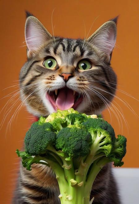 broccoli with cat appearance, friendly, cute, sticks out her tongue and smiles, amused and pleased, bright colors, intricate details, masterpiece, 4k, raw, friendly, cute, sticks out her tongue and smiles, amused and pleased, muppets style,  intricate details, masterpiece, 4k, raw,