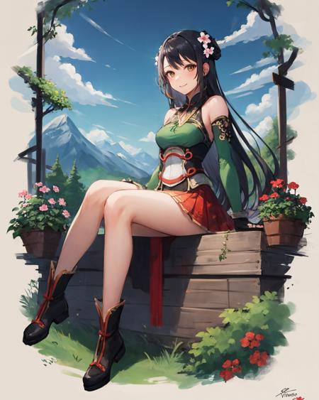 best quality, (masterpiece:1.2), illustration, absurdres,
(1girl, solo), (beautiful detailed girl),
<lora:GuanYinping-08:0.7>, Guan Yinping, black hair, brown eyes, hair ornament, hair flower, small breasts,
green top, bare shoulders, black collar, black corset, red skirt, fingerless gloves, green boots,
magical forest, flowers, distant mountains, sky, clouds, sitting, full body shot,,
looking at viewer, confident,  smile,