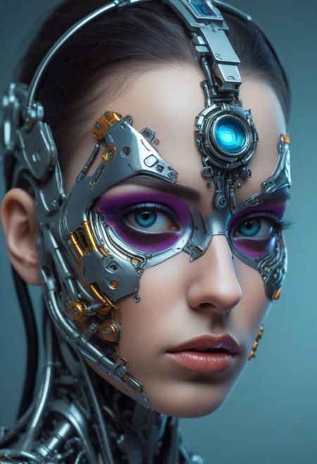 Cyborg biomechanical girl with a cyberpunk appearance with metal pieces on her face and body, with a glass appearance and very vivid colors, deep gaze, very stylized and feminine, big eyes