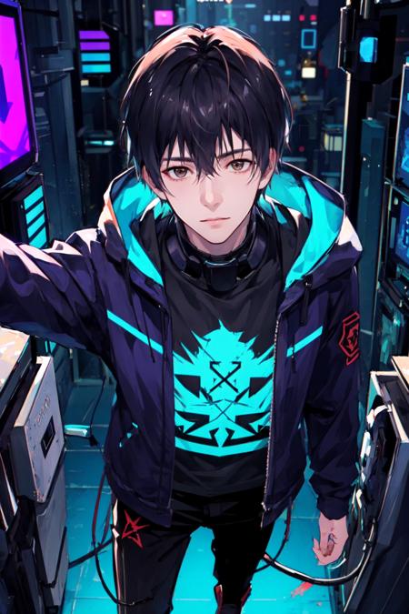 masterpiece, high quality, 1boy,solo,male focus, brown eyes,yexiu\(quanzhigaoshou\),blacklight,from above,cyberpunk, <lora:QZGS_YeXiu_mix:1:1,0,0,0,0,0,0,0,1,1,1,1,1,1,1,1,1>, <lora:Blacklight_v1:2:1,0,0,0,0,0,0,0,1,1,1,1,1,1,1,1,1>