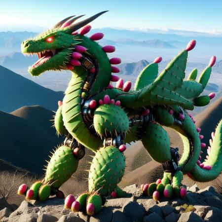 codeandigital, c0dean0igital, cyberw0rlds, no humans, dragon made of Prickly Pear, mountain background, mountain made of Prickly Pear, wings made of Prickly Pear, claws, solo, open mouth, tail, green eyes, sharp teeth, teeth, monster, robot, full body, non-humanoid robot, horns, mecha, flying, tongue, from side, creature, fangs, science fiction, glowing, spikes, Prickly Pear scales, green gem, looking at viewer, armor made of Prickly Pear, Tokio streets background, Tokio, mountain, Fuji
