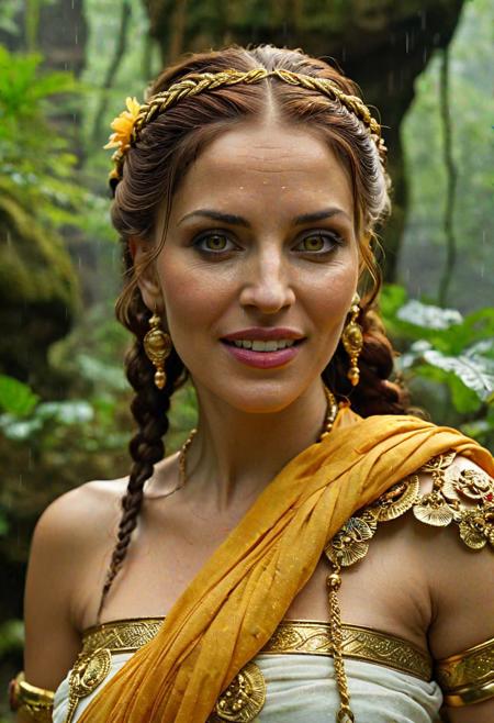 style: photorealistic, 
highly detailed, 
high resolution, 
a malicious amazon woman wearing an antique long roman toga with golden applications, 
(in her late 40s:3),
(plump:3), 
evil and dismissive smiling, 
glowing yellow dragon eyes, 
extravagant colored hair with long braids, 
strong wrinkles, 
stretch marks, 
cellulite,
(looking at camera:2.5)
standing proudly in a large rain forest with ruines of ancient greek buidlings, 
the scenerie is full of very warm light and colors
<lora:WildcardX-XL-Detail-Enhancer:1.5>