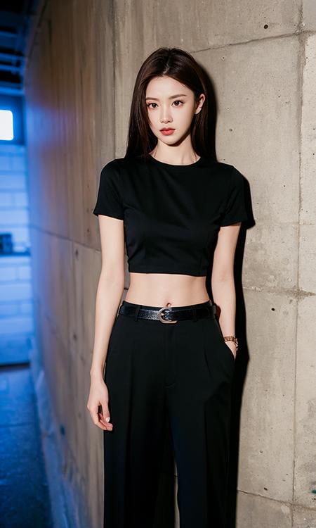 1girl, solo, long hair, pants, midriff, belt, black shirt, shirt, black pants, black hair, standing, jewelry, navel, looking at viewer, bracelet, short sleeves, crop top, brown hair, 
wall behind, lips, hands in pockets, <lora:zipai:0.9>