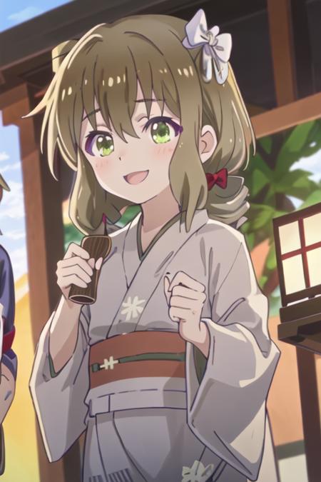 best quality, masterpiece, highres, solo, {yukata:1.40}, {kimono:1.20}, {shuri_kumakumakumabear:1.15}, brown_hair, bangs, green_eyes, hair_between_eyes, bow, hair_bow, red_bow, blush, open_mouth, smile