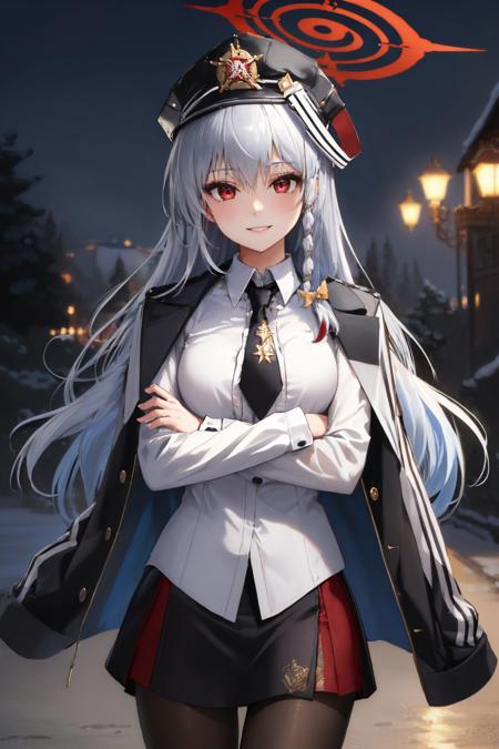 (masterpiece, best quality:1.2), cowboy shot, solo, 1girl, harunadef, smile, looking at viewer, crossed arms, braid, hat, halo, black jacket, jacket on shoulders, white shirt, necktie, long sleeves, black skirt, pantyhose, single wing <lora:bluearchive_haruna:1.0>