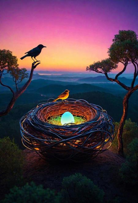 Stunningly detailed digital art, showcasing an exceptional composition! A nest crafted from intertwining wires and circuits, glowing with an electronic aura, sits atop a virtual forest made of digital trees. Within this nest, a bird intricately assembled from semiconductor chips and electronic components, guards her clutch of pixelated eggs. The digital forest is illuminated by the surreal glow of a binary sunset, casting dynamic shadows and lights across the circuitry and silicon. This scene merges the tangible world of technology with the abstract digital realm, creating an atmosphere of futuristic tranquility and cybernetic wonder. The bird and her electronic nest are depicted with hyperrealistic precision, each wire, chip, and pixel glowing with an inner neon light, akin to a motherboard's intricate pathways. The artwork resonates with an ethereal effect, seamlessly blending the cybernetic bird and her nest with the surrounding digital landscape, as if they are an organic part of this virtual environment. The colors are vivid and electric, contributing to the intense and infinite essence of this digital world.