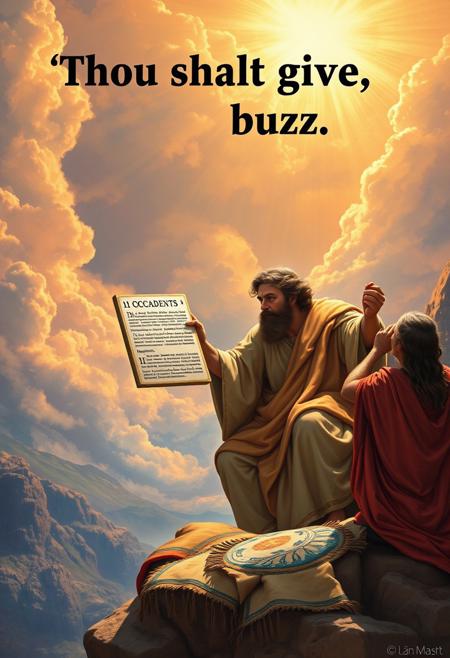 Masterpiece epic religious painting of Moses receiving two tablets of stone with the 10 commandments on Mount Sinai, title text above: “Thou shalt give buzz”, best quality, intricate details, ultra details, good lighting, vibrant colors, very detailed,