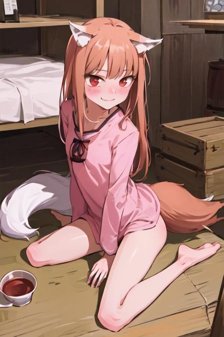 (masterpiece,best quality),1girl, solo, tail, barefoot, smile,fang, bottomless, sitting, blush, looking at viewer,fang out, cup, holding, spread legs, shirt, content rating, long sleeves, bangs, closed mouth, holding cup, pink shirt