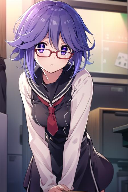 hanakazuki, <lyco:hanakazukiLYCORIStest:1>,
hana kazuki, short hair, hair between eyes, (purple eyes:1.1), purple hair,  glasses,
BREAK long sleeves, dress, school uniform, necktie, black dress, short dress, red necktie,
BREAK looking at viewer, hands behind head,
BREAK indoors, classroom,
BREAK <lora:GoodHands-vanilla:1>, (masterpiece:1.2), best quality, high resolution, unity 8k wallpaper, (illustration:0.8), (beautiful detailed eyes:1.6), extremely detailed face, perfect lighting, extremely detailed CG, (perfect hands, perfect anatomy),