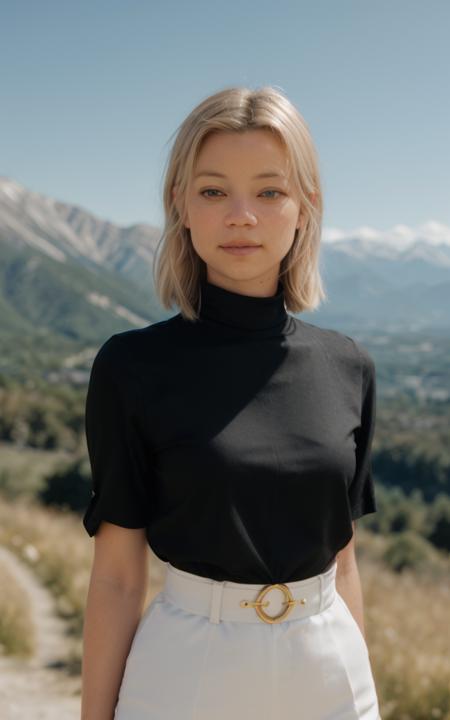 waist up closeup of aylsst wearing an elegant black outfit, mountains at noon, [blonde] hair, <lyco:AyLsst_v1_locon_64_64: 1.3>