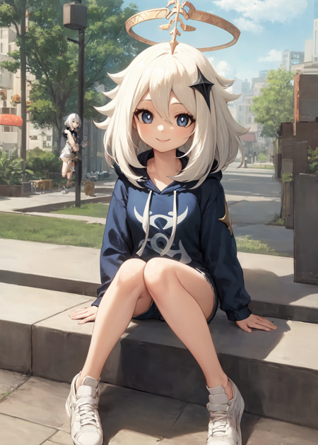 1girl, solo,  floating, paimon \(genshin impact\), medium hair, white hair, blue eyes, halo,  hoodie, denim shorts, sneakers, sitting, outdoors, city, smile, looking at viewer  <lora:char-paimon-locon:1>