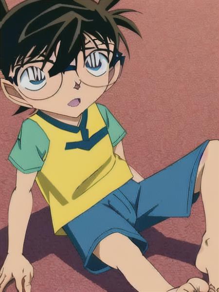 <conan>, 1boy, male focus, male child, glasses, solo, hat, barefoot, blue eyes, shorts, baseball cap, feet, child, soles, sitting, simple background, white background, black hair, full body, open mouth