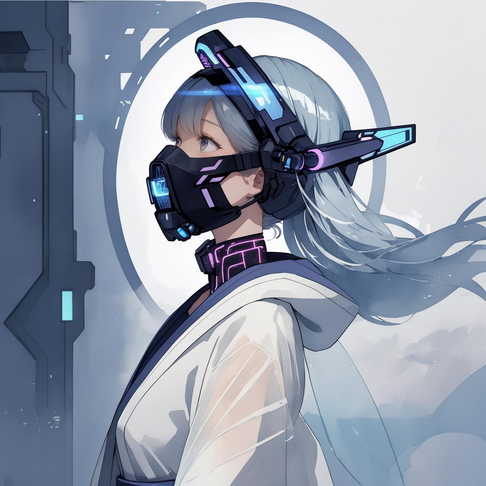 A blue and white anime girl wearing a gas mask.