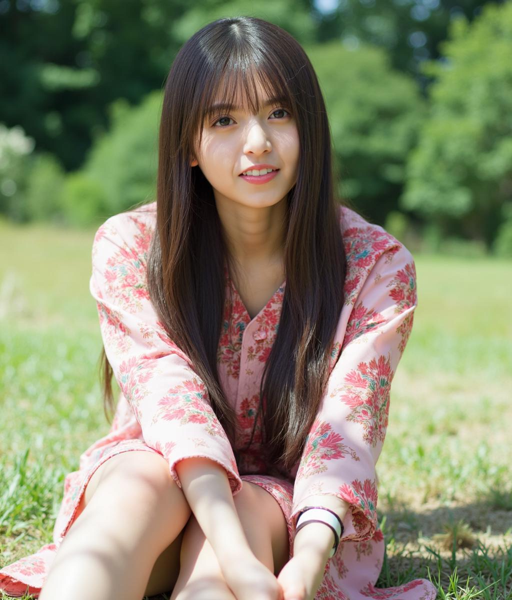 asuka, The image is a portrait of a young woman with long dark hair and bangs. She is sitting on a wooden bench with her legs crossed and her arms resting on her knees. She has a serious expression on her face and is looking directly at the camera. The background is blurred, but it appears to be an outdoor setting with trees and greenery. The woman is wearing a white dress with red flowers on it. The overall mood of the image is peaceful and serene.
photography works, Soft lighting. 