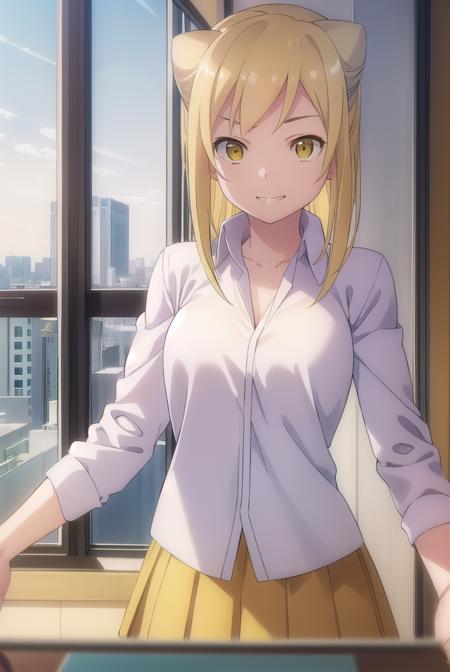 hikaritakanashi, <lora:hikari takanashi s1-lora-nochekaiser:1>,
hikari takanashi, medium hair, blonde hair, (yellow eyes:1.5), fang, hair bun, double bun, cone hair bun, smile, grin,
BREAK skirt, shirt, school uniform, white shirt, pleated skirt, brown skirt,
BREAK indoors, classroom,
BREAK looking at viewer, (cowboy shot:1.5),
BREAK <lyco:GoodHands-beta2:1>, (masterpiece:1.2), best quality, high resolution, unity 8k wallpaper, (illustration:0.8), (beautiful detailed eyes:1.6), extremely detailed face, perfect lighting, extremely detailed CG, (perfect hands, perfect anatomy),