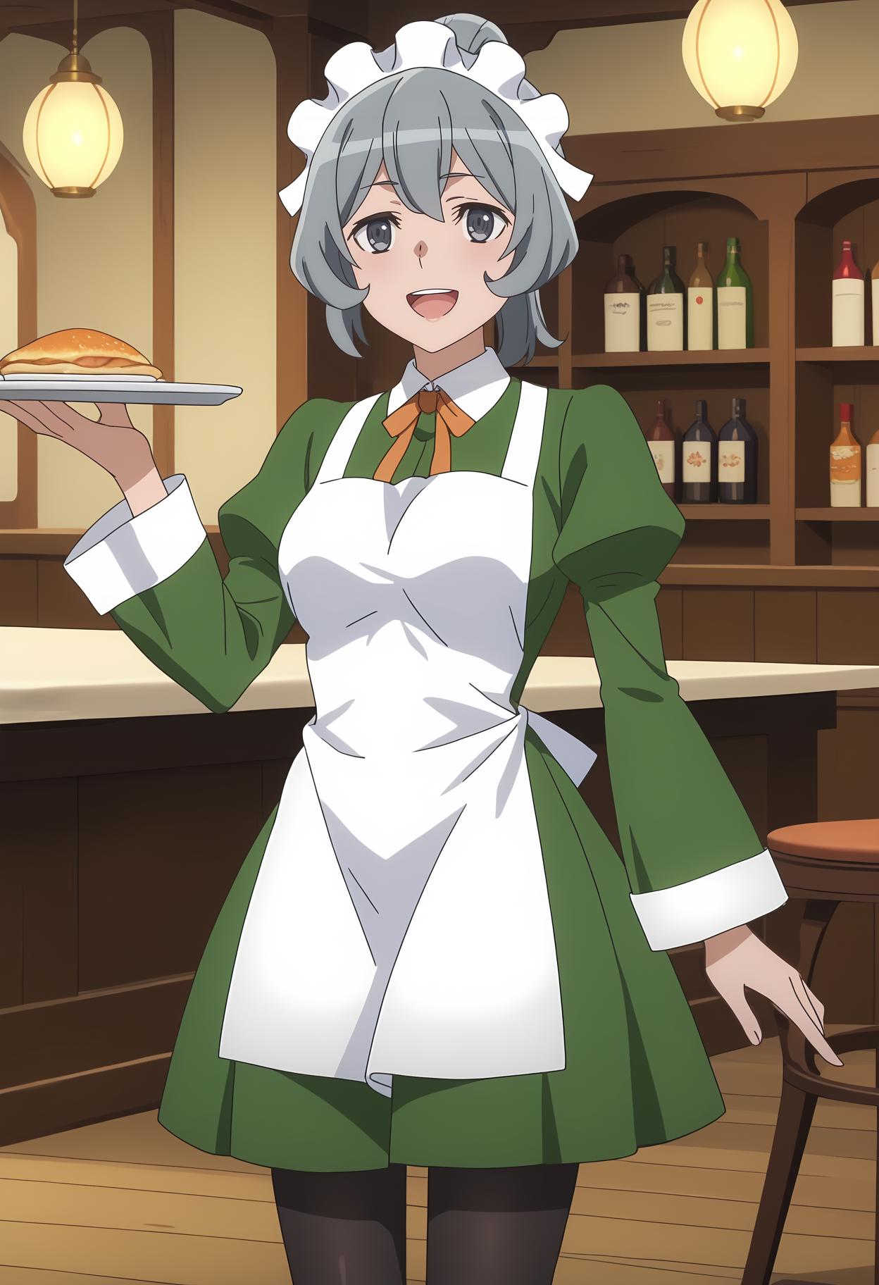 score_7_up, anime screencap,
<lora:DanMachi_SyrFlovaXL:0.9>,
1girl, solo, open mouth, smile, upper teeth only,
short hair, short ponytail, grey hair, grey eyes,
SyrMaid, green dress, white headdress, white apron, neck ribbon, orange ribbon, juliet sleeves, long sleeves, (black pantyhose:1.2),
holding plate,
standing, looking at viewer,
indoors, fantasy, restaurant