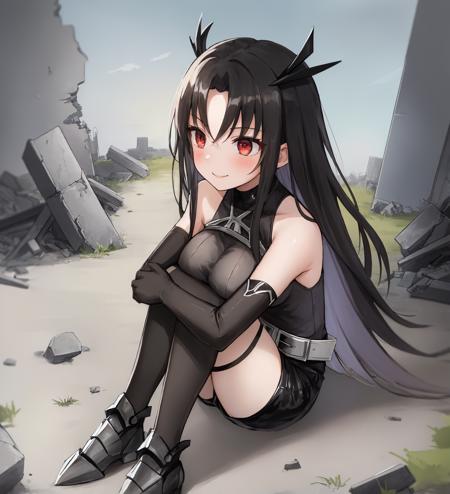 <lora:ExecutionerNormal:1>,1girl,very long hair,red eyes,sangvis ferri,shorts,belt,bare shoulders, thighhighs,black leotard,armored boots,black hair,crossed bangs,black shirt,executionernormal,elbow gloves,armor