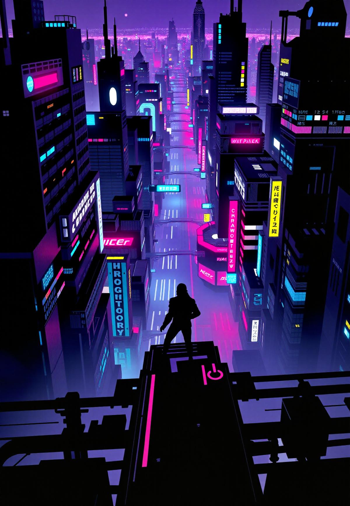 Cyberpunk megacity at midnight, neon-soaked streets reflecting in puddles. A lone figure in a high-tech suit stands atop a skyscraper, city sprawling below. Harsh contrasts, vibrant colors, detailed mechanical elements