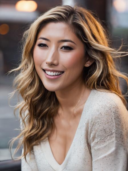 (professional headshot photo), RAW photo, dichen_lachman, 8k uhd, dslr, soft lighting, high quality, film grain, Fujifilm XT3 high quality, 4k, highly detailed, 1girl, (highly detailed skin), sunrise,outside, gorgeous, (realistic face), smiling, open mouth, teeth, (close-up:1.5), portrait, smiling, v-neck sweater, <lora:dichen_lachman_sdxl_2500:0.8>