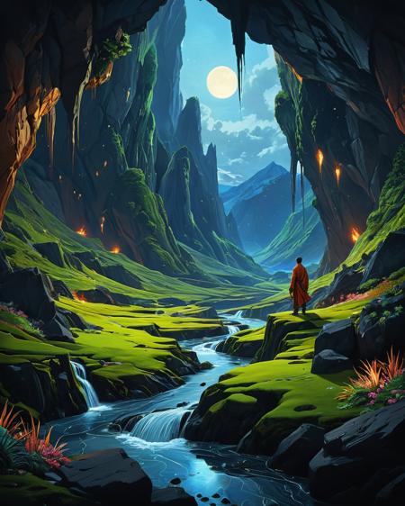 (landscape creator, landscape:1.5), small figurine a wanderer between worlds in flowing clothes with a pet , (epic landscape:1.5),  (style Goro Fujita drawing), (style Goro Fujita painting),best quality, masterpiece, extremely detailed,  professional  art,  professional painting, an extremely delicate and beautiful, dynamic,  great lighting, perfect shading, professional shading, depth of field,   side soft light, elegant, gorgeous, highly detailed,   full shot, uncropped,   pure genious, absolutely perfect,  highly detailed, breathtaking,(no humans:1.5), 
moonlit-moss carpets, Space-age ceramic hulls, diamond-ice galleries in, molten-plain rift valleys, Druidic living-root networks style, neutron-star glimmer storms , 
<lora:psychedelic_trip:0.7> psychedelic trip,
<lora:EldritchRomanceIllustration1.3.1:0.3>,
<lora:- SDXL - vanta-black_contrast_V3.0:0.2>,
<lora:add-detail-xl:1>,
<lora:detailed_notrigger:1>,