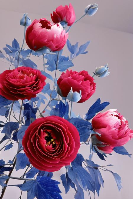 flower, peony,chinese peony,daojin, in the style of light red and light azure, dreamy and romantic compositions, light azure and amber, ethereal foliage, playful arrangements,