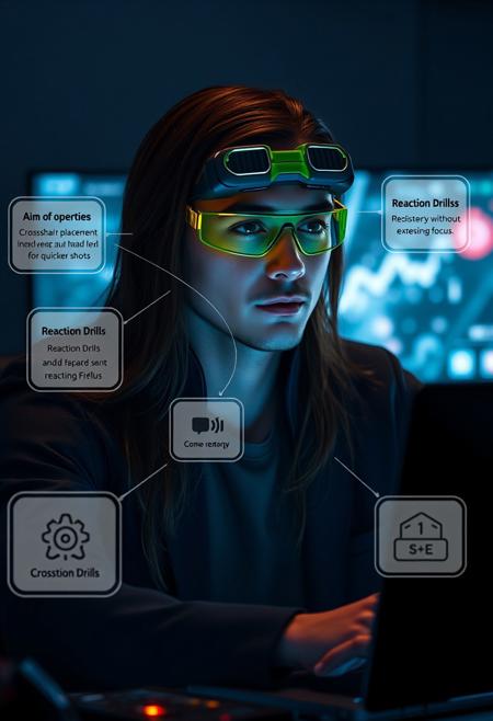 “Create a 16:9 cinematic scene where a player sits at a desk, immersed in a virtual game, with the room dimly lit and only the glow of the screen illuminating their face. The male AI operator appears on the screen, a semi-transparent, holographic figure with long brown hair and distinctive green and yellow goggles. His appearance is sleek and futuristic, exuding a tech-savvy and guiding presence. The goggles add an intriguing, high-tech element to his character, giving him an otherworldly yet approachable look.
The player asks the operator for tips on improving their aim and reaction time in the game. The AI operator, with a calm and confident tone, offers advice on crosshair placement, suggesting the player keep the crosshair at head level for quicker shots. He also explains reaction drills and the importance of practicing consistency without overexerting focus. As the operator gives these tips, floating icons or visual cues should appear around him, highlighting key points like ‘Crosshair Placement’ and ‘Reaction Drills.’
The scene shifts between close-up shots of the player’s focused expression and the holographic operator, whose goggles glow subtly with each piece of advice. The operator’s holographic form slightly shifts with movement, emphasizing his digital nature. End the scene with the player nodding, grateful for the guidance, and feeling more confident to tackle their next challenge.”