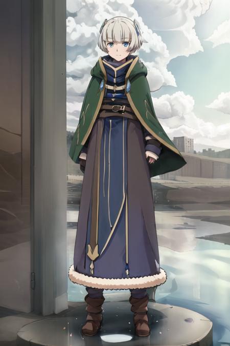 meteoraReCreators, 1girl, default_outfit, 1girl, belt, blue_cape, blue_eyes, boots, brown_footwear, cape, closed_mouth, full_body, fur-trimmed_cape, fur_collar, fur_trim, standing, standing on water, rainy, city background,  <lora:MeteoraLoRA-000008:0.8>, <lora:doortoinfinity:1.0>