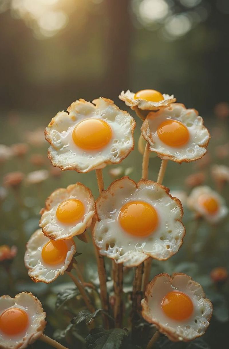 A group of eggs with yolks in the center, arranged in a flower-like pattern.