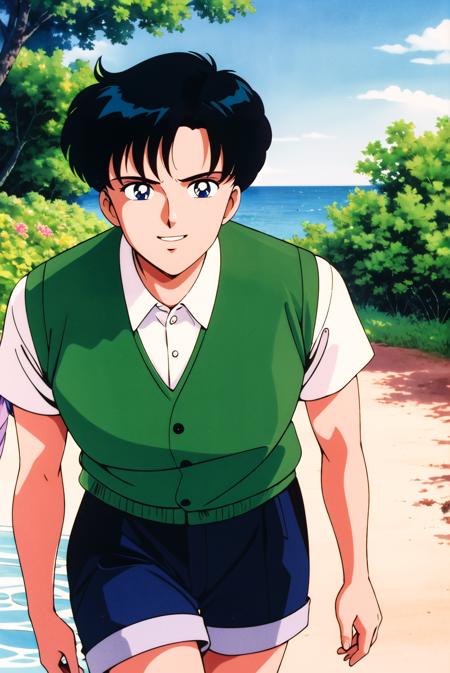 masterpiece,best quality,highres,<lora:Chiba Mamoru:0.7>,Chiba Mamoru,1boy,black hair,blue eyes,solo,retro artstyle,short hair,1990s \(style\),looking at viewer,ocean,tree,smile,shorts,vest,walking,sunlight,