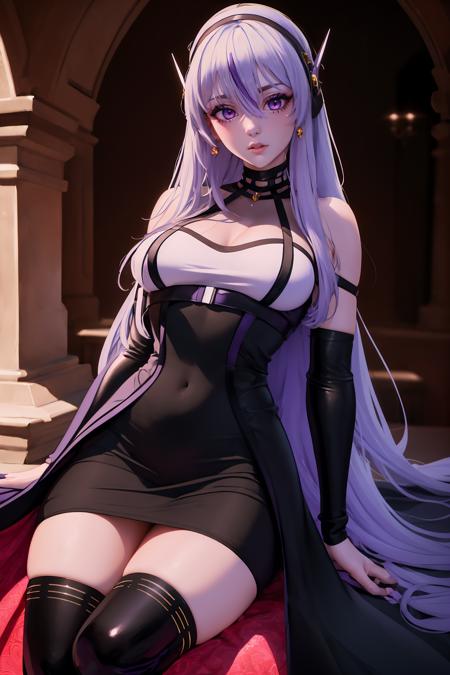 Highly detailed, High Quality, Masterpiece, beautiful, Meina, purple eyes, <lora:Meina:0.85>, headgear, Thorn Princess Outfit, black dress, thighhighs, <lora:Outfit_ThornPrincess:0.9>