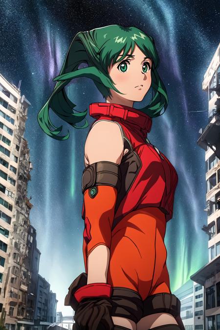 solty revant, green hair, red tops, bare shoulders, bodysuit, gloves, boots