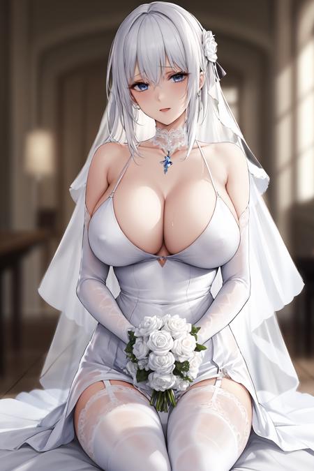 (masterpiece:1),(best quality:1),
1girl,white hair,wedding dress,
blurry background,