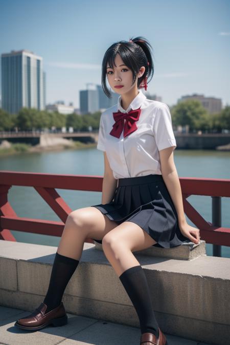 ltra-detailed,highly detailed,best quality,masterpiece,illustration,realistic,
miyamizu mitsuha, 1girl, solo, 
black hair, ponytail, short hair, folded ponytail, 
school uniform, hair ribbon,bowtie,short sleeves, collared shirt, pleated skirt, socks, loafers, 
=looking at viewer, sitting,
outdoors,dawn, water, river, sky, bridge,  city, cityscape,parted lips, falling petals, 
<lora:miyamizu mitsuha_v1_02:0.7>