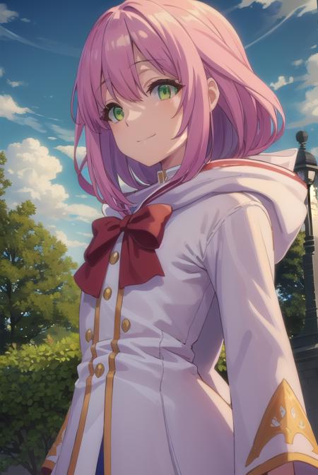 nornclatalissajioral, <lora:norn clatalissa jioral s1-lora-nochekaiser:1>,
norn clatalissa jioral, long hair, hair between eyes, (green eyes:1.5), pink hair, smile,
BREAK long sleeves, dress, bow, red bow, hood, robe, white robe,
BREAK outdoors, forest, nature, grass, trees, sun, sky, clouds,
BREAK looking at viewer, (cowboy shot:1.5),
BREAK <lyco:GoodHands-beta2:1>, (masterpiece:1.2), best quality, high resolution, unity 8k wallpaper, (illustration:0.8), (beautiful detailed eyes:1.6), extremely detailed face, perfect lighting, extremely detailed CG, (perfect hands, perfect anatomy),